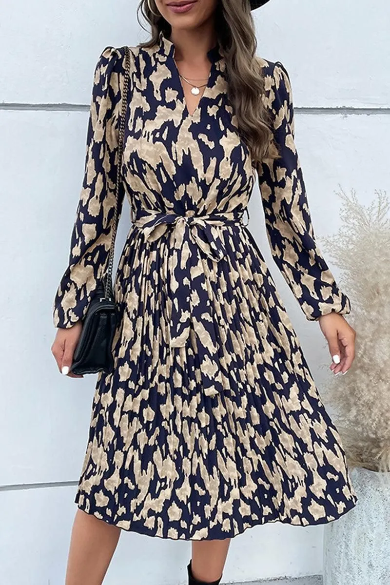 ELEGANT PATTERNED V NECK TIED WAIST DRESS