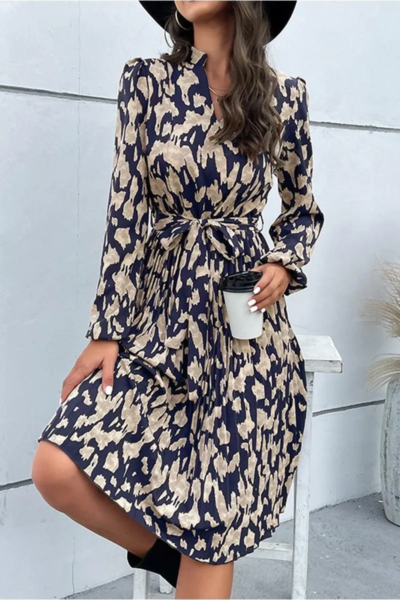 ELEGANT PATTERNED V NECK TIED WAIST DRESS