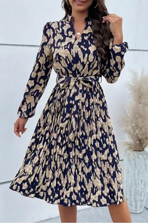 ELEGANT PATTERNED V NECK TIED WAIST DRESS