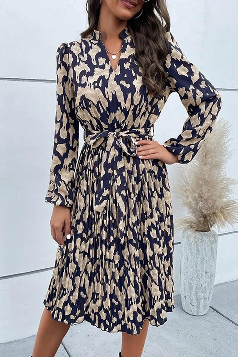 ELEGANT PATTERNED V NECK TIED WAIST DRESS