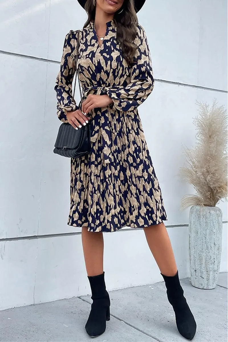 ELEGANT PATTERNED V NECK TIED WAIST DRESS