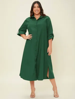 Elegant Plain Button Front Long Sleeve Collar Slit Natural Long Plus Size Dress