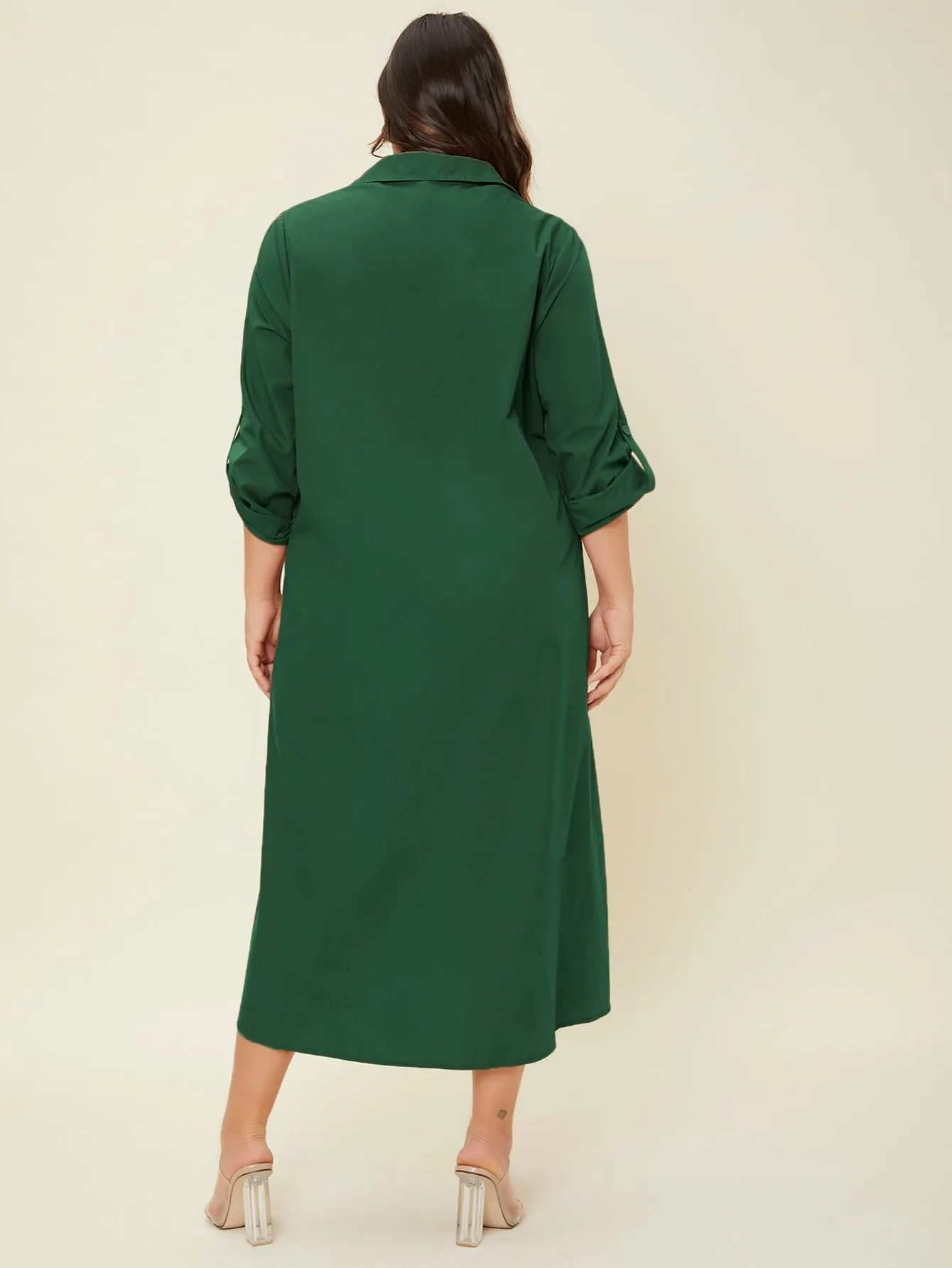 Elegant Plain Button Front Long Sleeve Collar Slit Natural Long Plus Size Dress