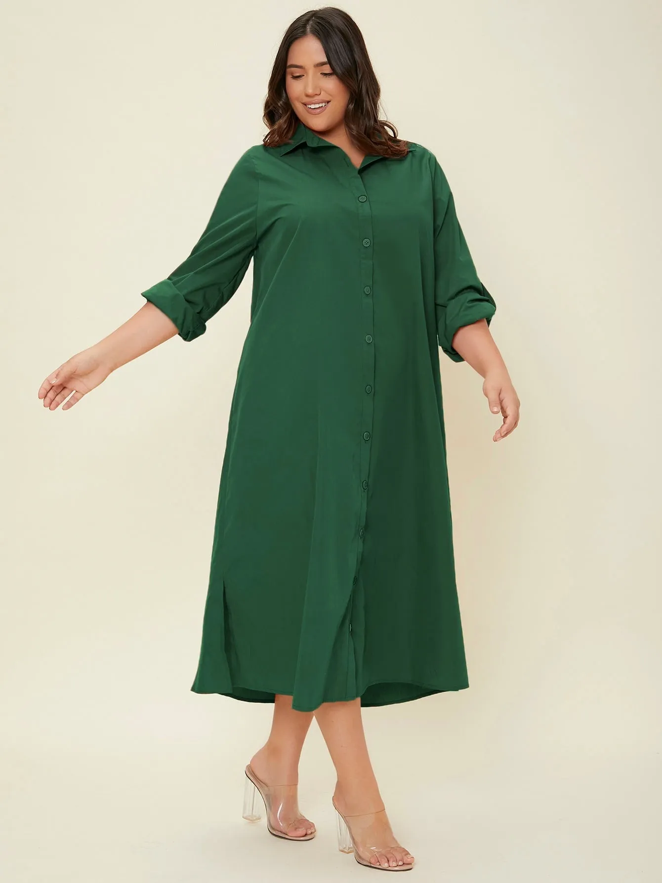 Elegant Plain Button Front Long Sleeve Collar Slit Natural Long Plus Size Dress