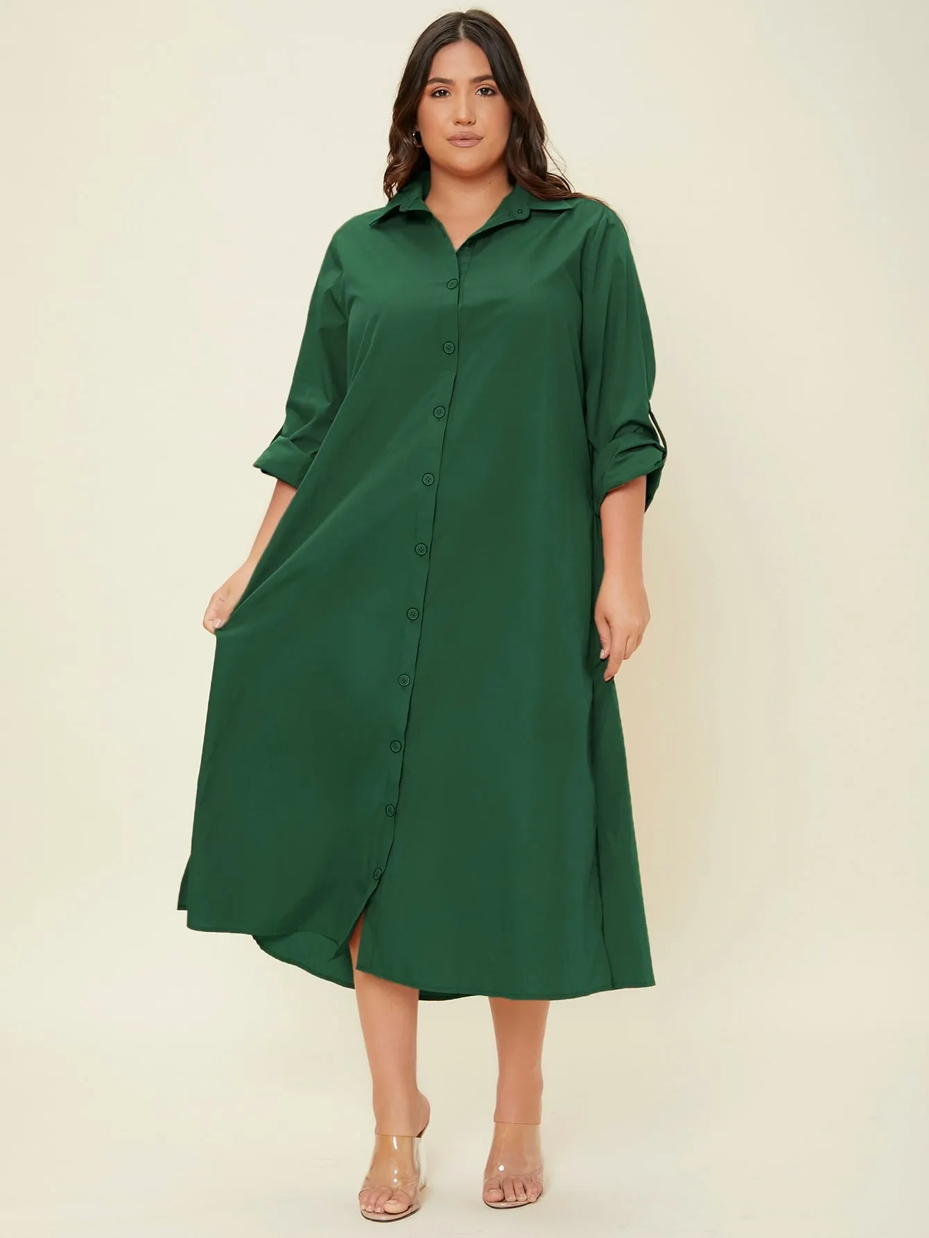 Elegant Plain Button Front Long Sleeve Collar Slit Natural Long Plus Size Dress