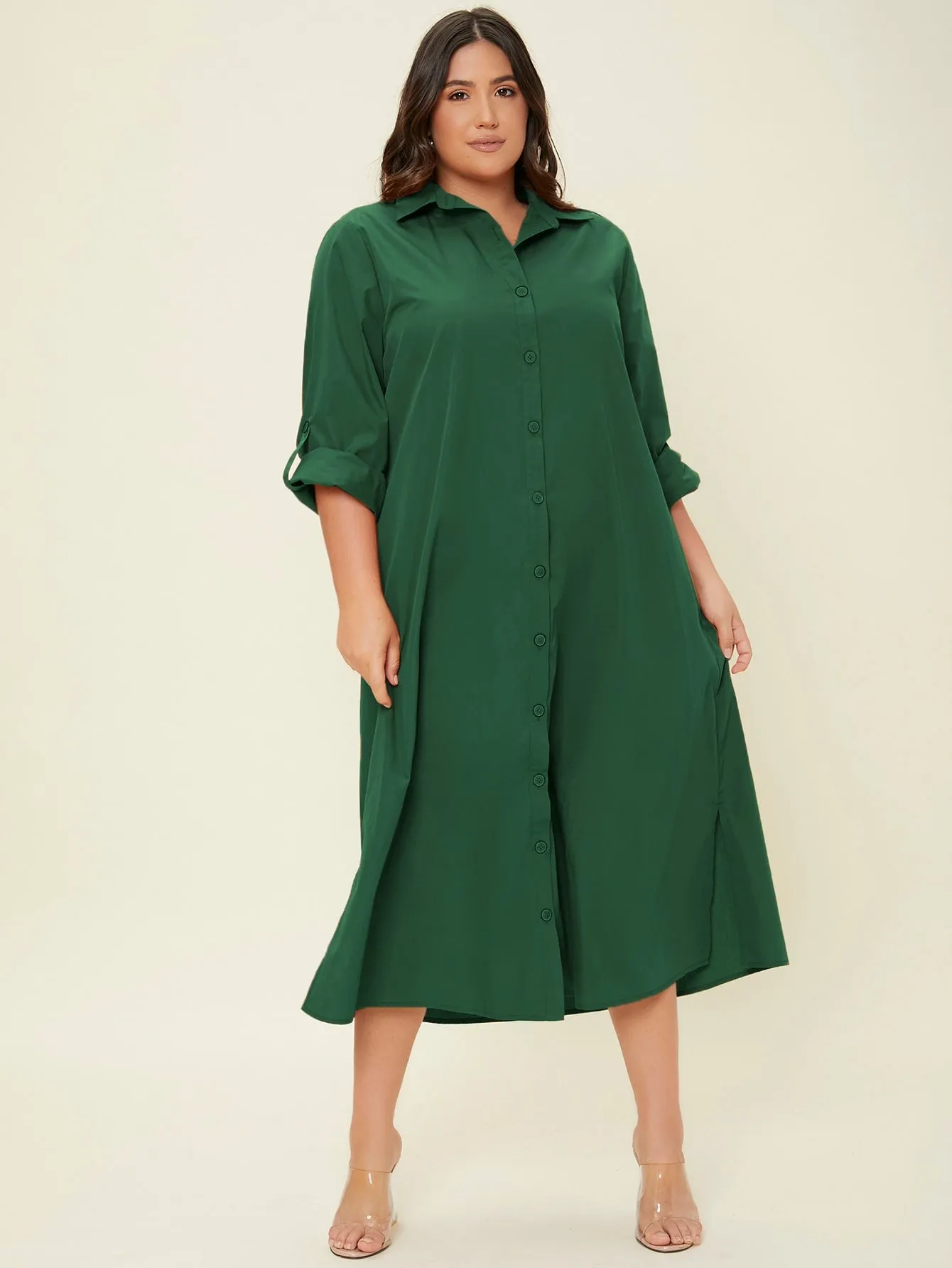Elegant Plain Button Front Long Sleeve Collar Slit Natural Long Plus Size Dress