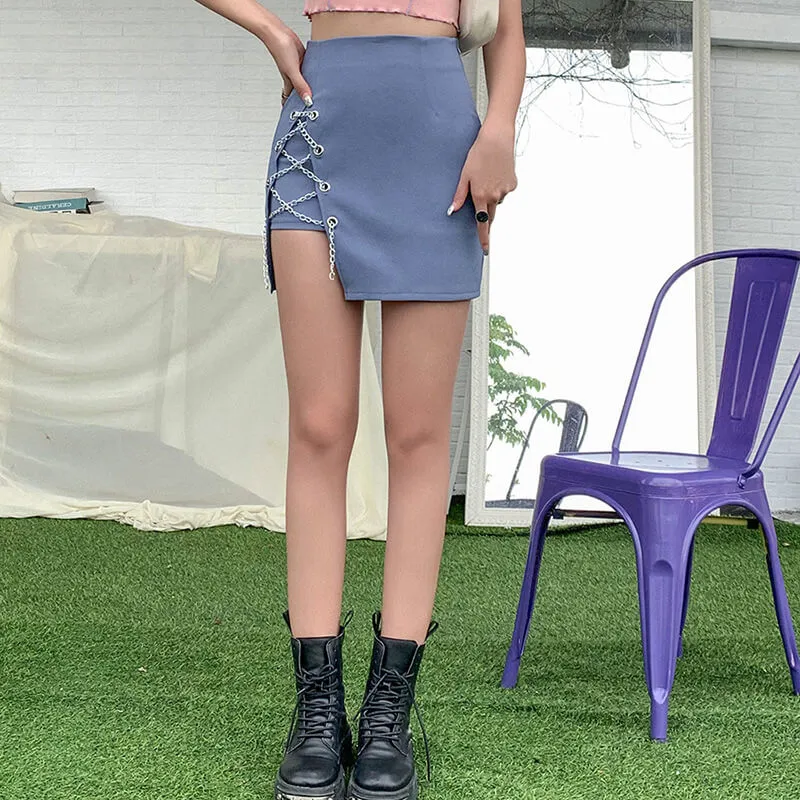 Fashion Blue Chain Bodycon Irregular Mini Skirts