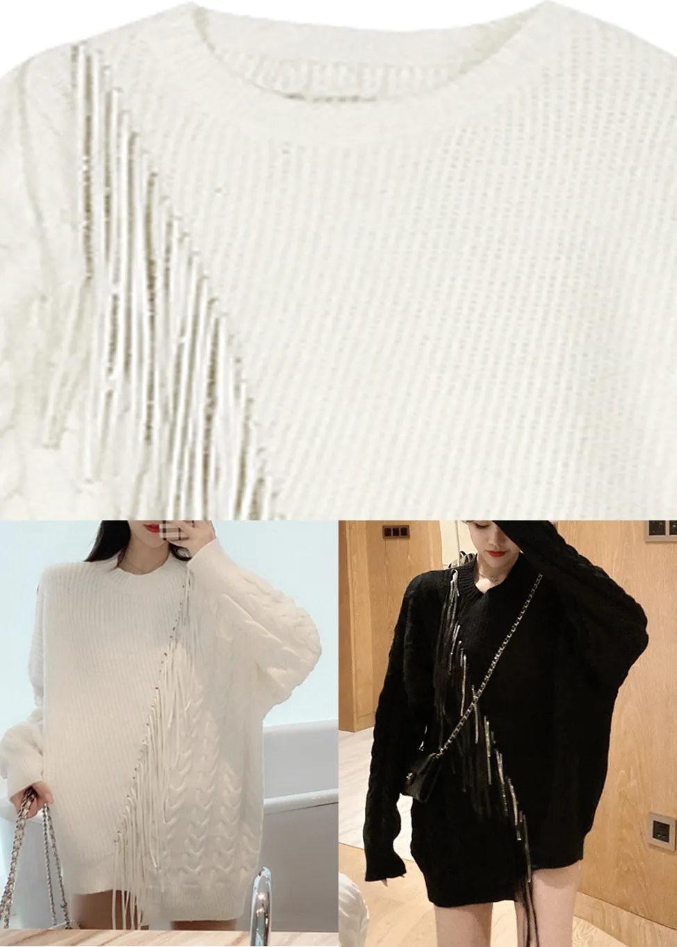 Fashion White Asymmetrical Patchwork Thick Cotton Knit Sweaters Spring