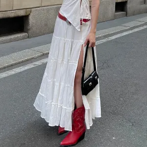 Folds High Loose Slits Waist Maxi Casual Lace Cake Side Long Skirt