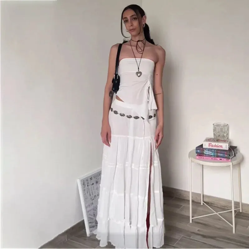 Folds High Loose Slits Waist Maxi Casual Lace Cake Side Long Skirt