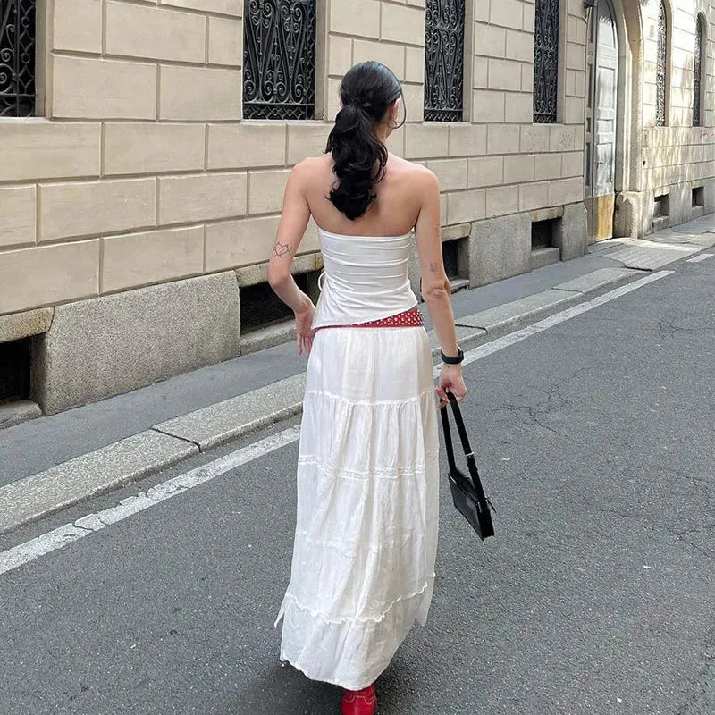 Folds High Loose Slits Waist Maxi Casual Lace Cake Side Long Skirt