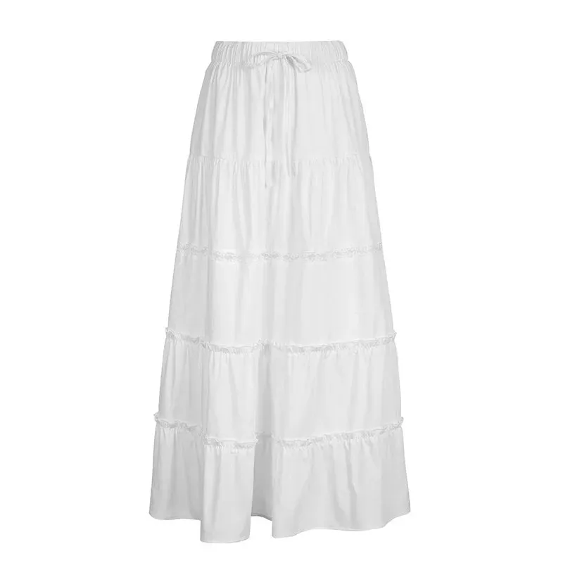 Folds High Loose Slits Waist Maxi Casual Lace Cake Side Long Skirt
