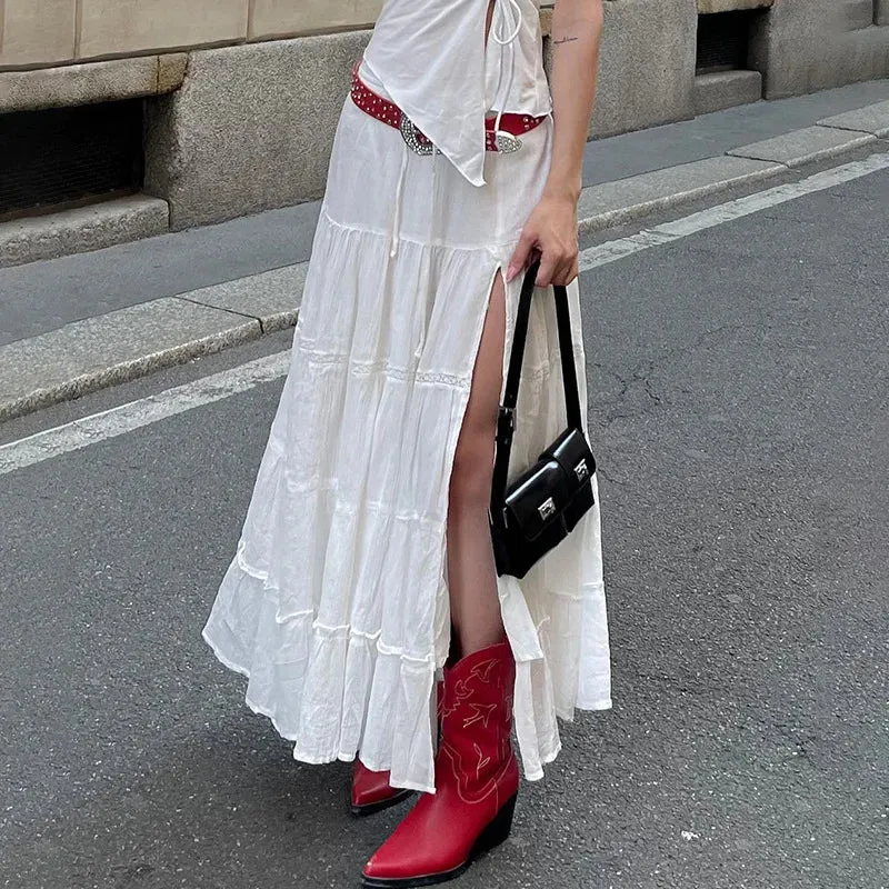 Folds High Loose Slits Waist Maxi Casual Lace Cake Side Long Skirt