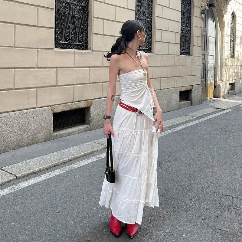 Folds High Loose Slits Waist Maxi Casual Lace Cake Side Long Skirt