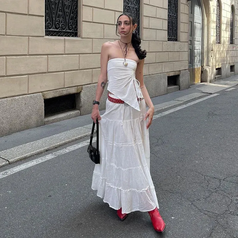 Folds High Loose Slits Waist Maxi Casual Lace Cake Side Long Skirt