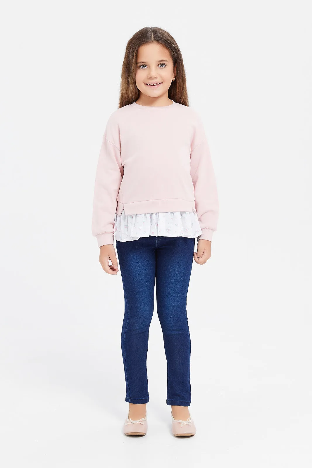 Girls Pink Sweatshirt Embellished Woven Ruffle