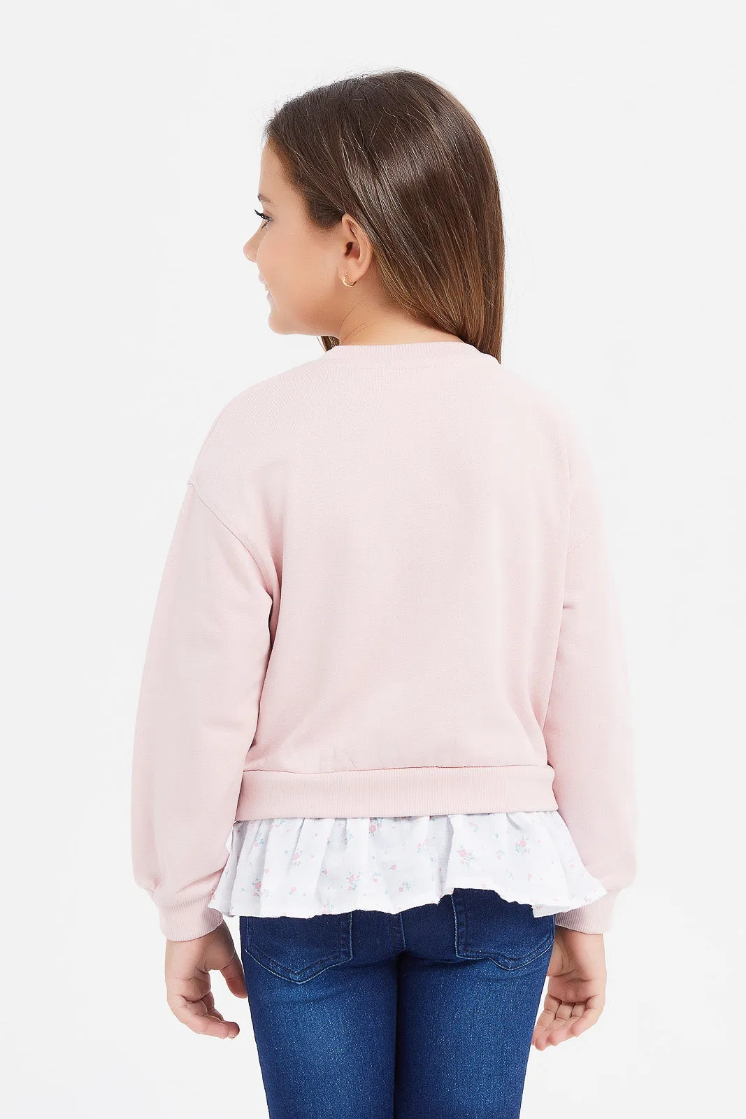 Girls Pink Sweatshirt Embellished Woven Ruffle