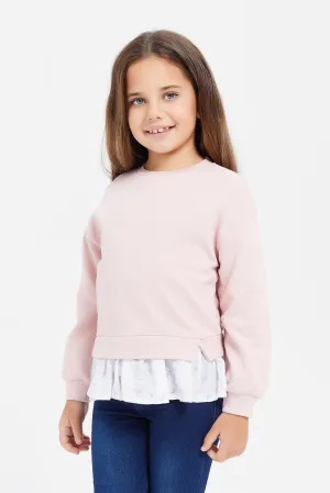 Girls Pink Sweatshirt Embellished Woven Ruffle