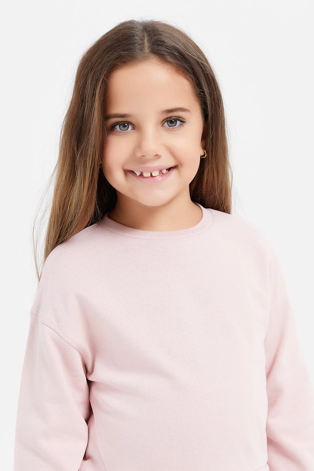 Girls Pink Sweatshirt Embellished Woven Ruffle