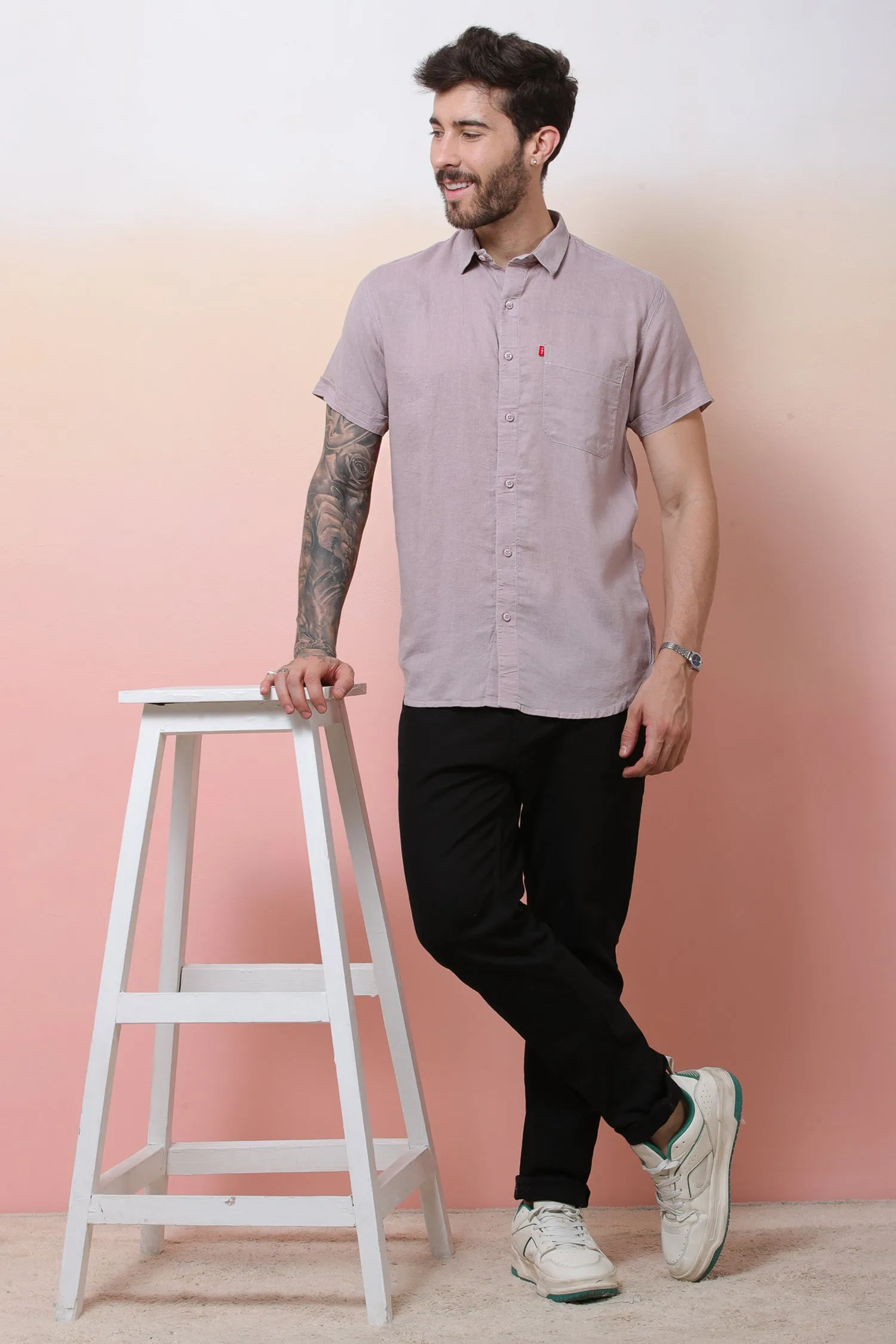 Halfsleeve Peach Linen Plain Shirt
