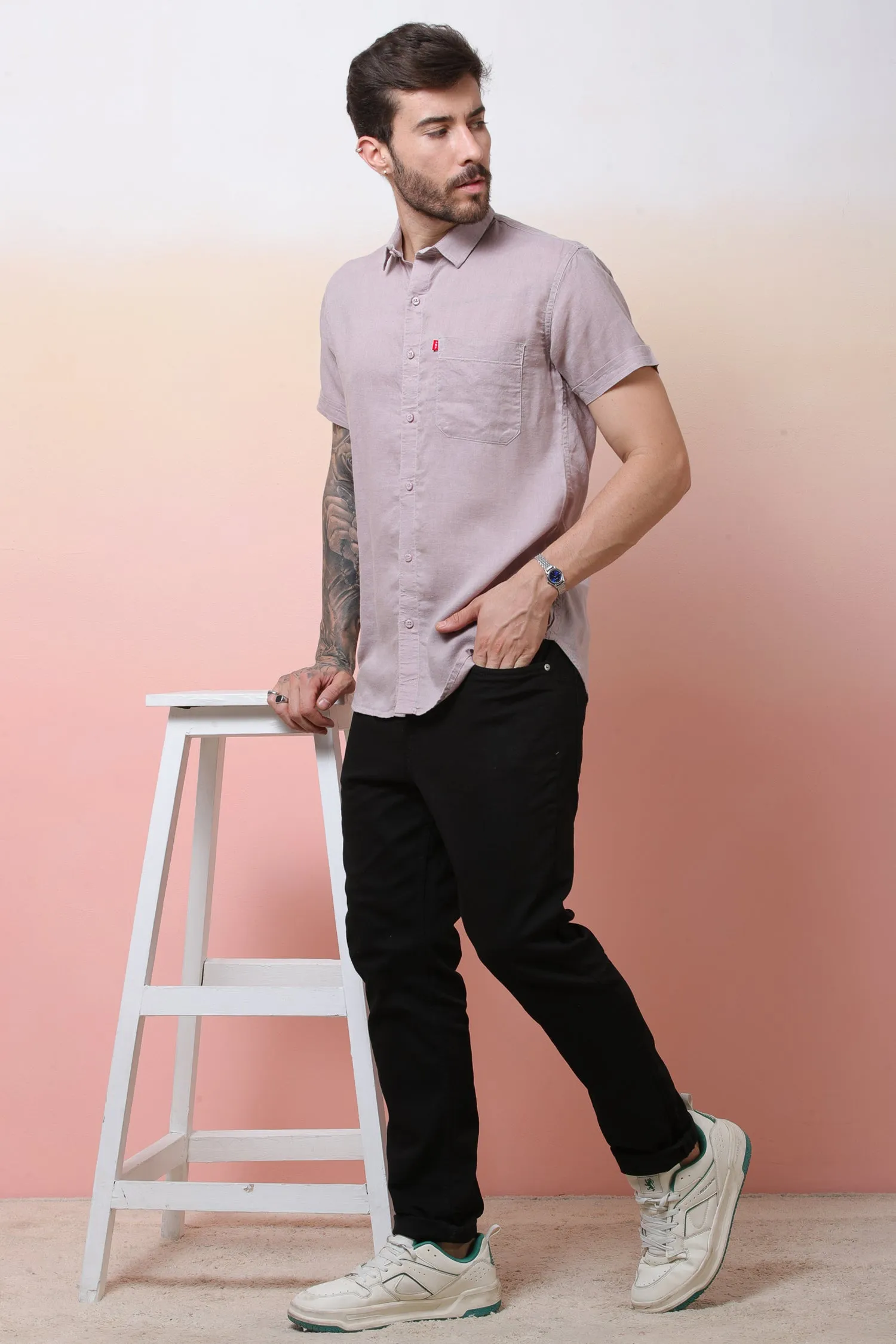 Halfsleeve Peach Linen Plain Shirt