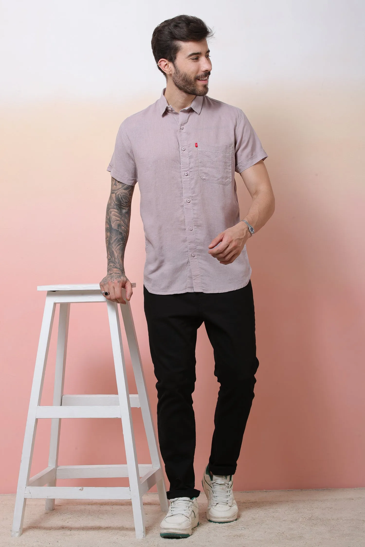 Halfsleeve Peach Linen Plain Shirt