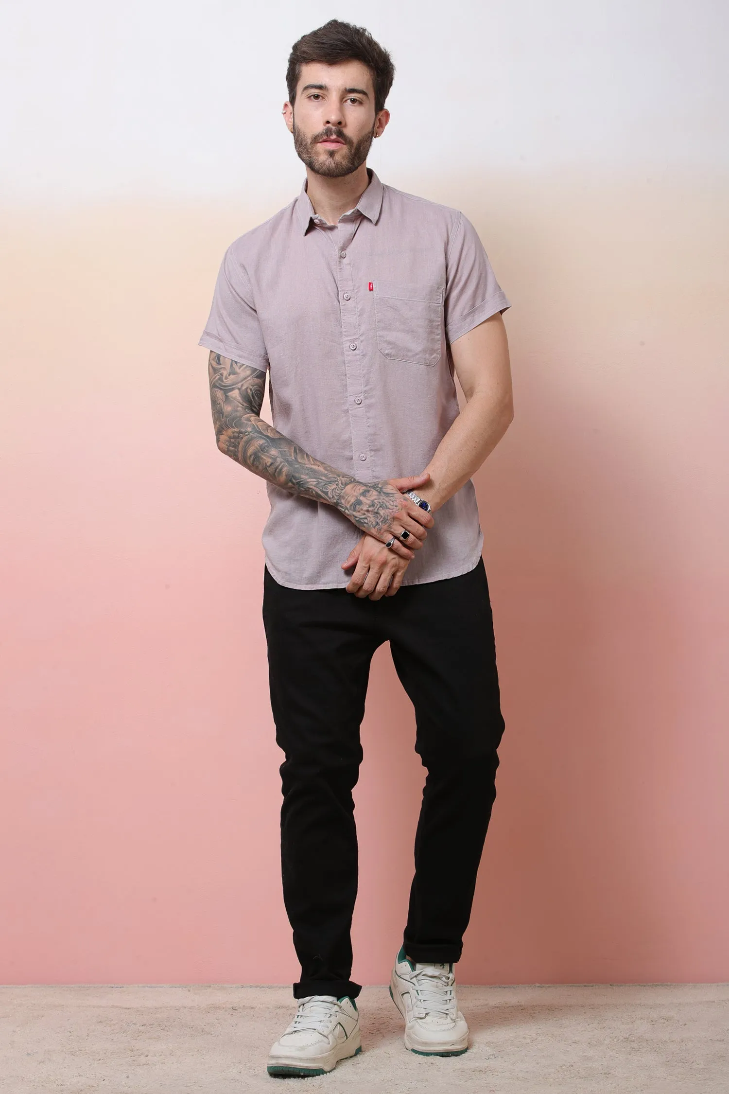 Halfsleeve Peach Linen Plain Shirt