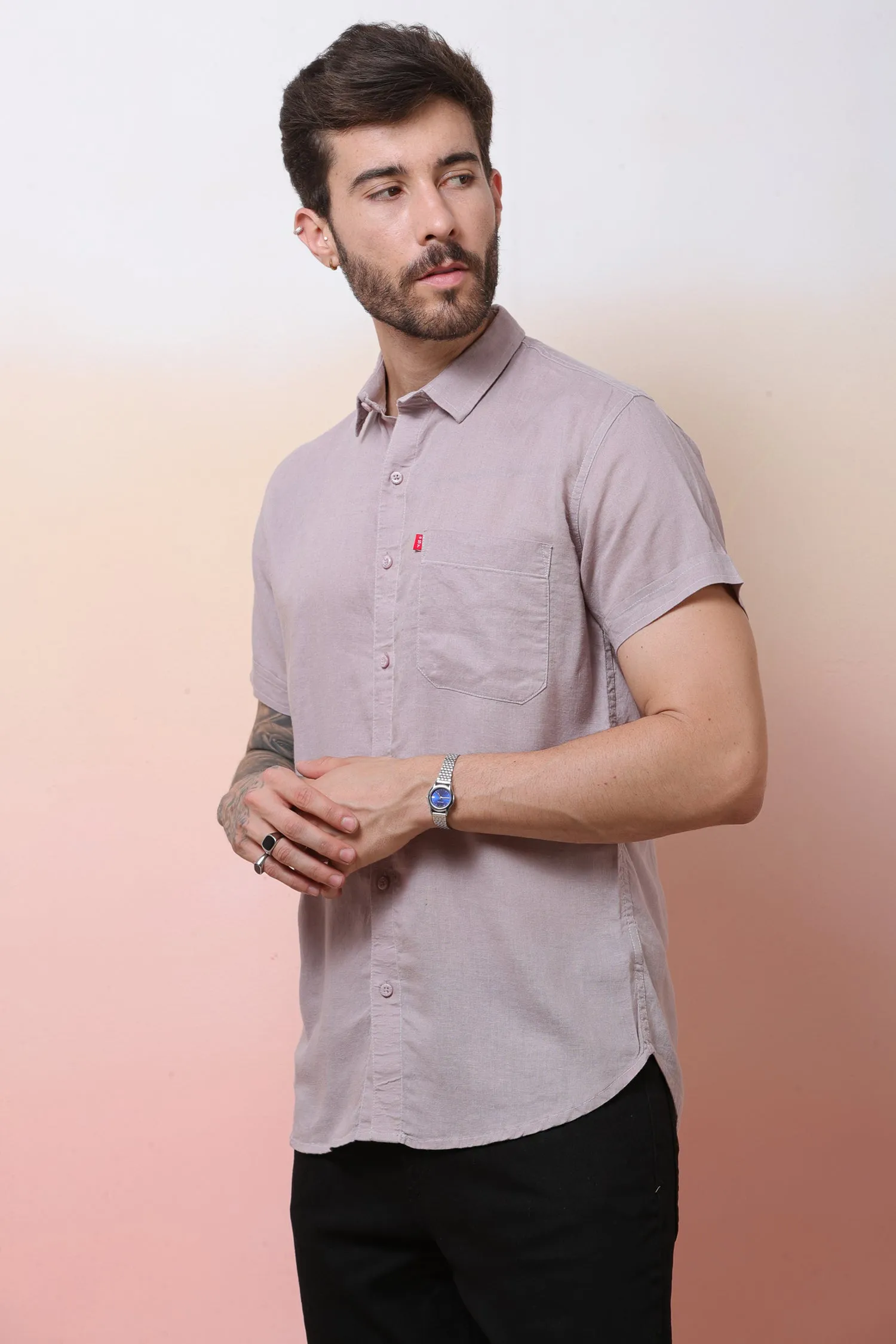 Halfsleeve Peach Linen Plain Shirt