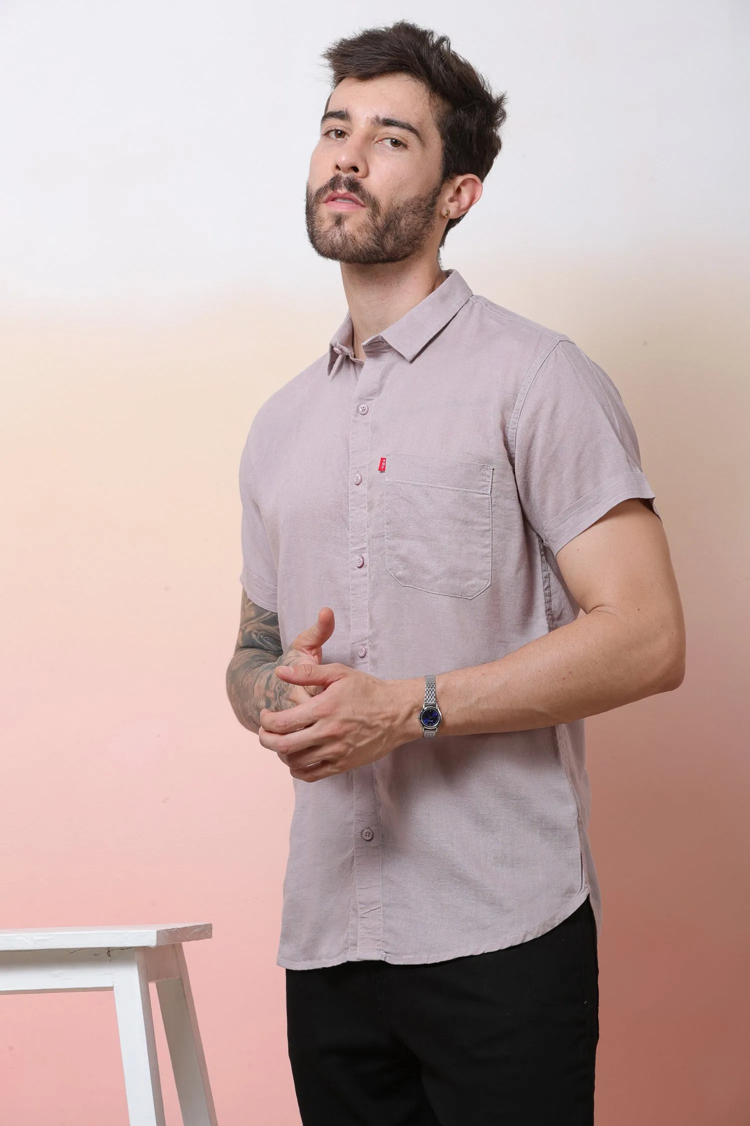 Halfsleeve Peach Linen Plain Shirt