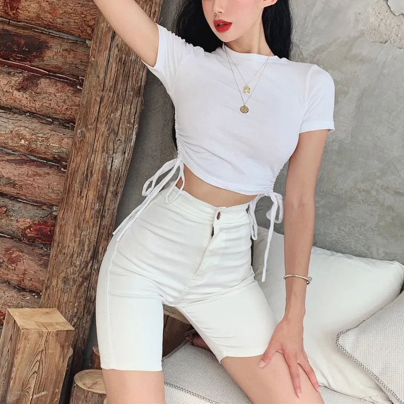 High Waist Denim Shorts MidThigh - Skinny Fit