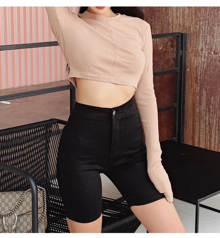 High Waist Denim Shorts MidThigh - Skinny Fit