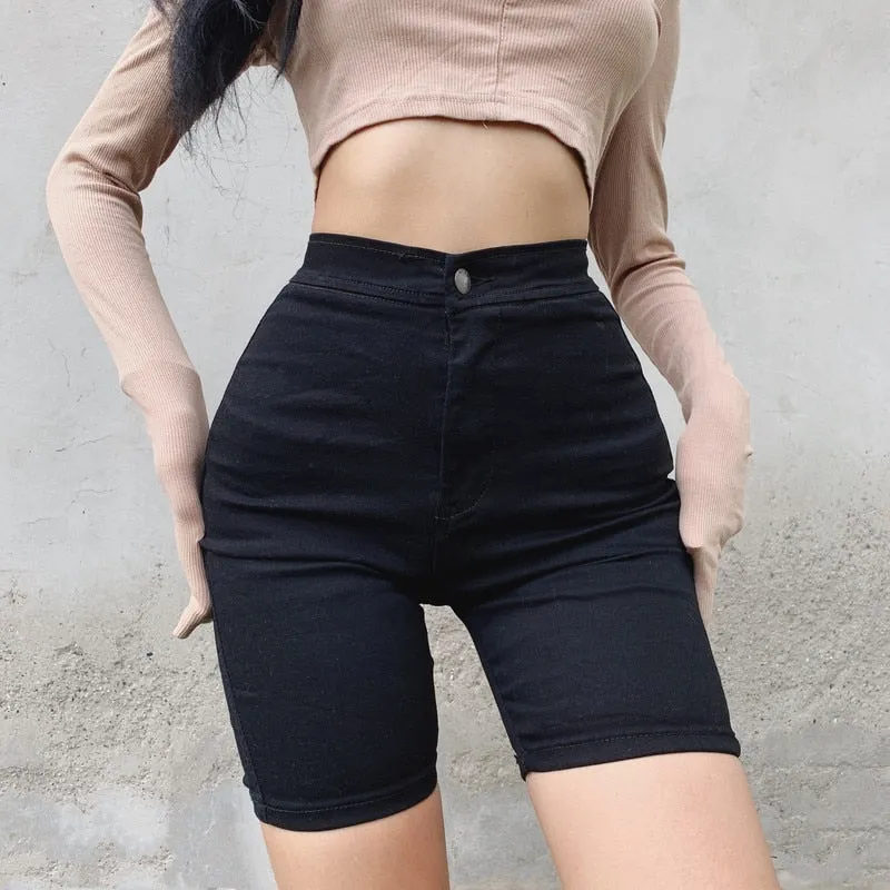 High Waist Denim Shorts MidThigh - Skinny Fit