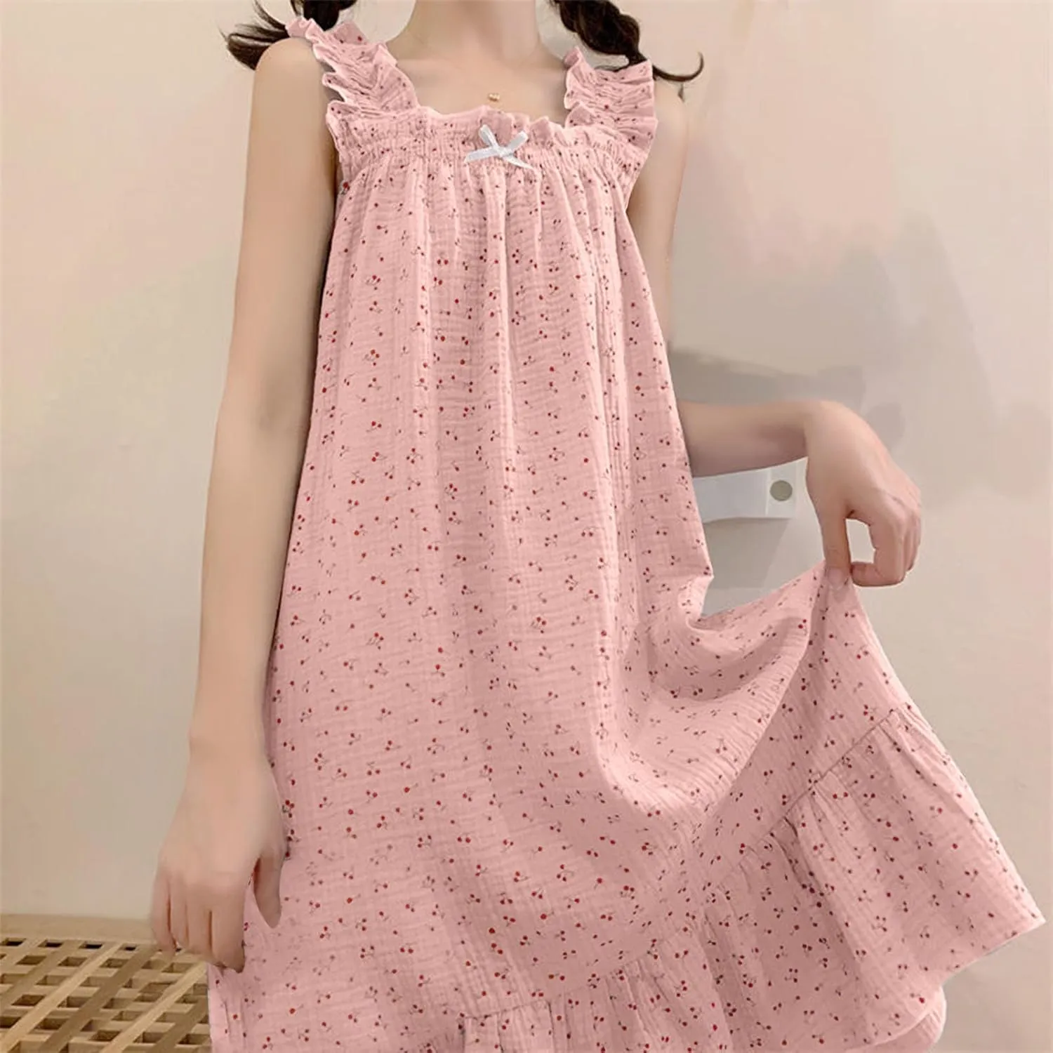 Ladies Summer Dress Sleeveless Flowy A Line Cami Dress Floral Print Suspenders Nightdress Cute Midi Pajamas Dress