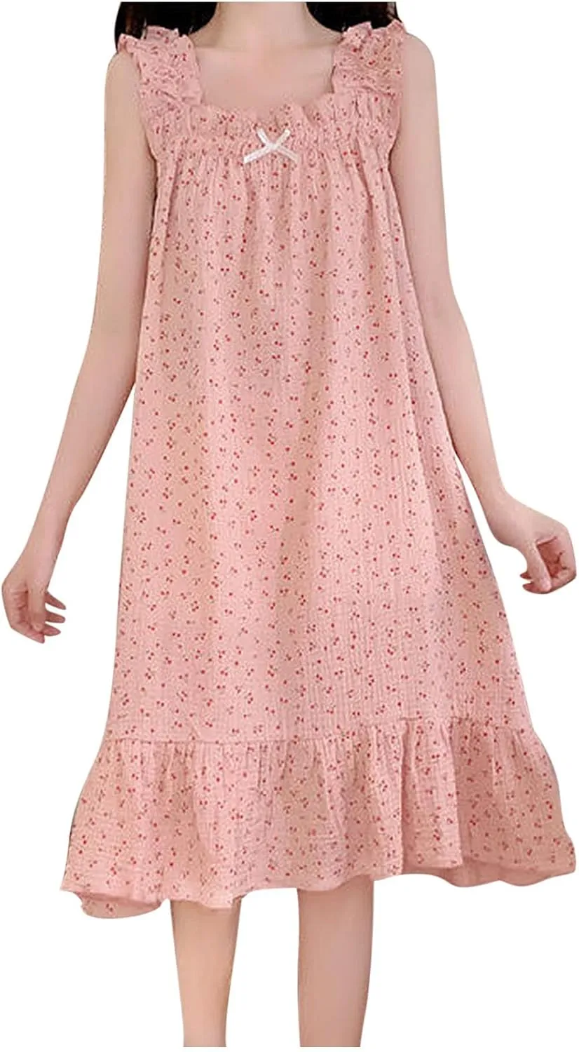 Ladies Summer Dress Sleeveless Flowy A Line Cami Dress Floral Print Suspenders Nightdress Cute Midi Pajamas Dress