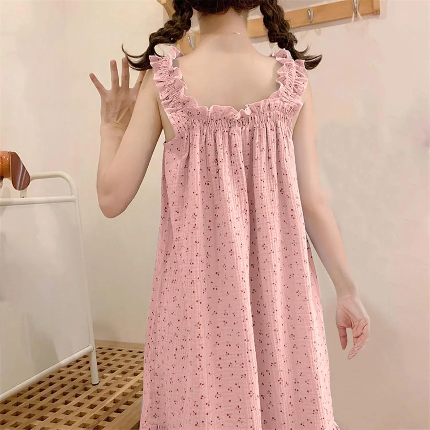 Ladies Summer Dress Sleeveless Flowy A Line Cami Dress Floral Print Suspenders Nightdress Cute Midi Pajamas Dress