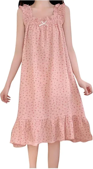 Ladies Summer Dress Sleeveless Flowy A Line Cami Dress Floral Print Suspenders Nightdress Cute Midi Pajamas Dress