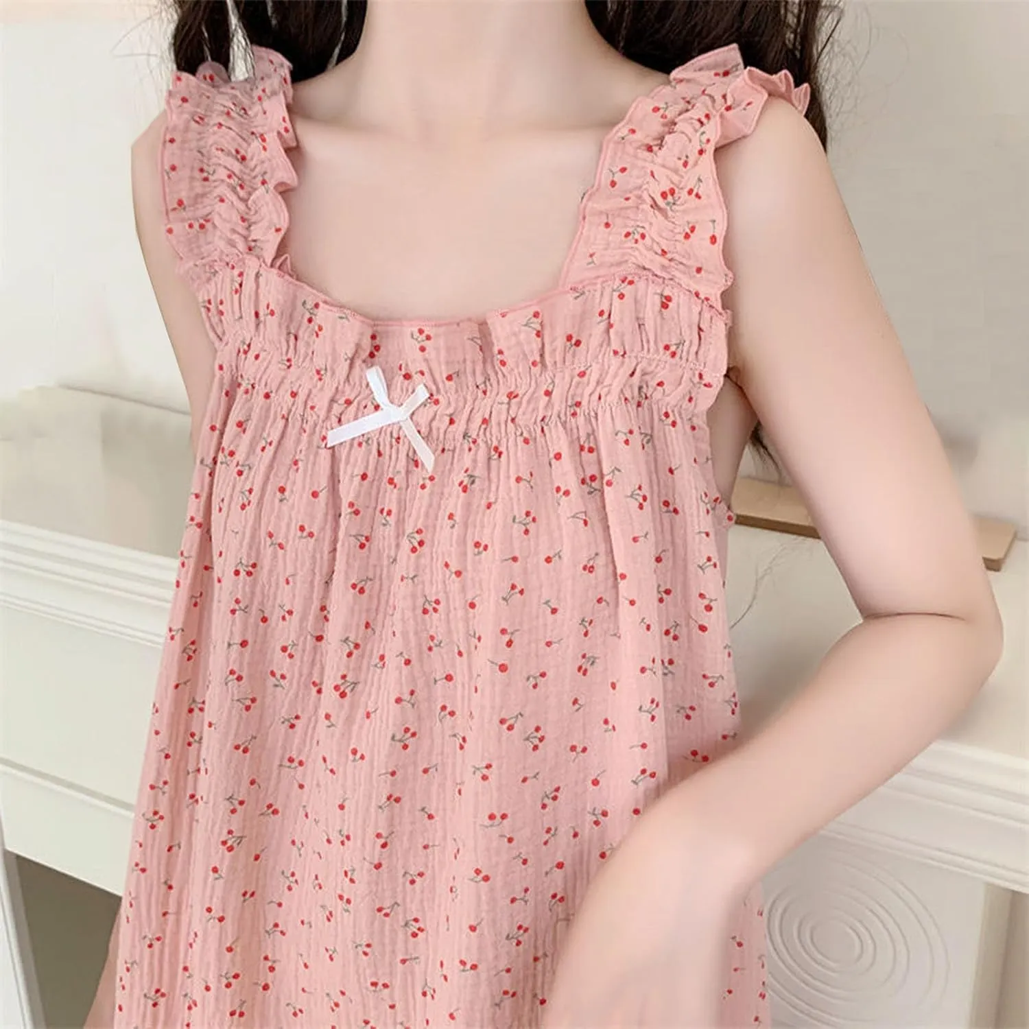 Ladies Summer Dress Sleeveless Flowy A Line Cami Dress Floral Print Suspenders Nightdress Cute Midi Pajamas Dress