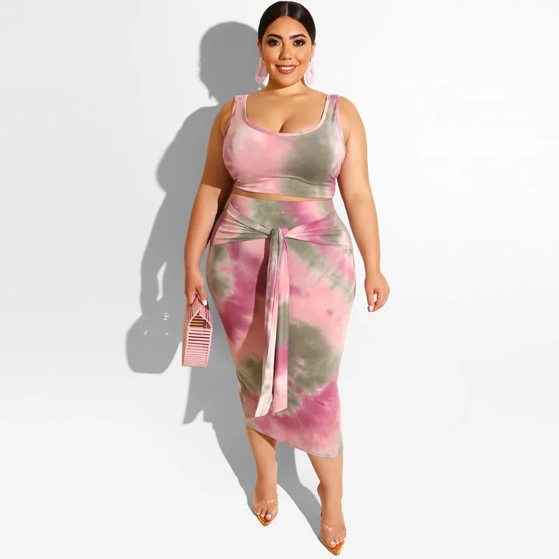 Large Size Dress Tight Sexy Sheath Navel Two-Piece Tie-Dye Printing Suit