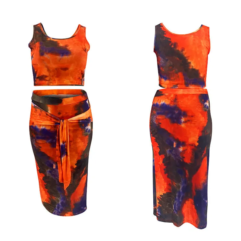 Large Size Dress Tight Sexy Sheath Navel Two-Piece Tie-Dye Printing Suit