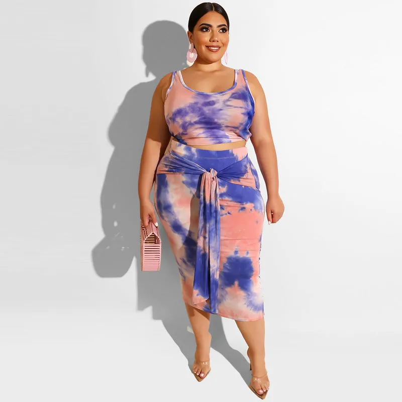 Large Size Dress Tight Sexy Sheath Navel Two-Piece Tie-Dye Printing Suit