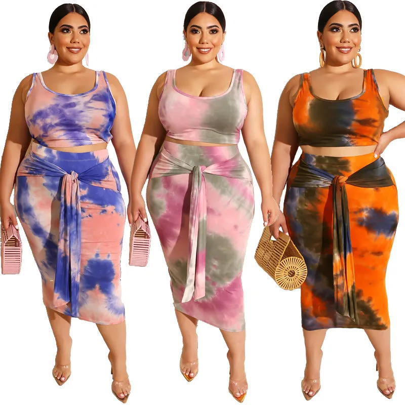 Large Size Dress Tight Sexy Sheath Navel Two-Piece Tie-Dye Printing Suit