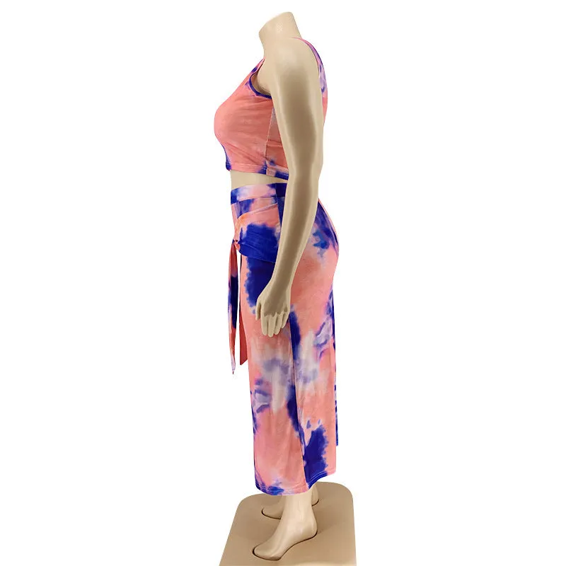 Large Size Dress Tight Sexy Sheath Navel Two-Piece Tie-Dye Printing Suit