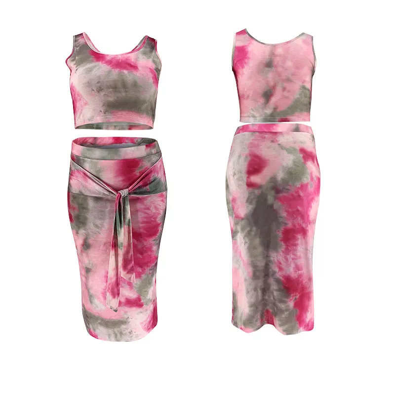 Large Size Dress Tight Sexy Sheath Navel Two-Piece Tie-Dye Printing Suit