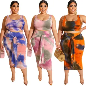Large Size Dress Tight Sexy Sheath Navel Two-Piece Tie-Dye Printing Suit