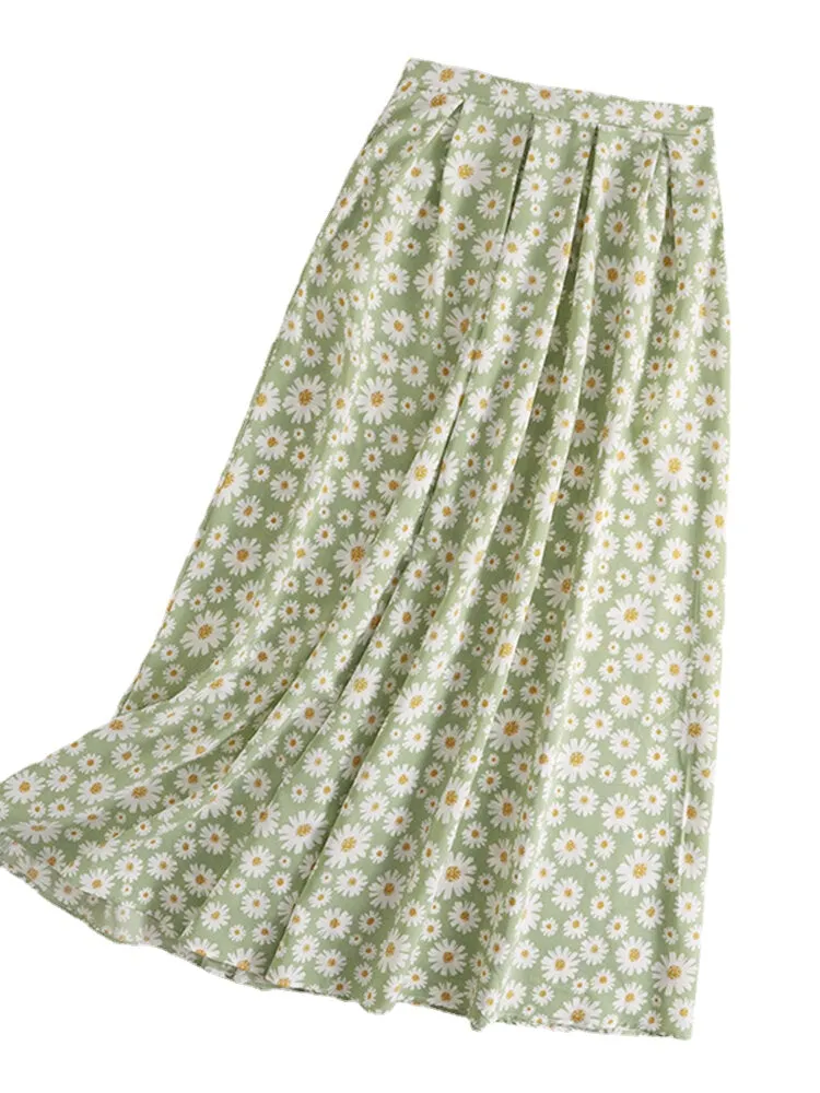 Leisure Floral Pleats Back Zipper Summer Skirts For Women