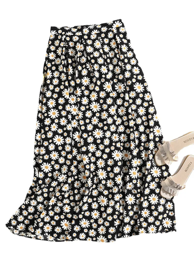 Leisure Floral Pleats Back Zipper Summer Skirts For Women