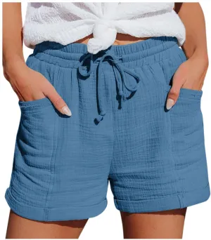 Linen Shorts for Women Casual Drawstring Elastic Waist Summer Shorts Wide Leg Lightweight Flowy Lounge Short with Pockets