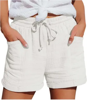 Linen Shorts for Women Casual Drawstring Elastic Waist Summer Shorts Wide Leg Lightweight Flowy Lounge Short with Pockets