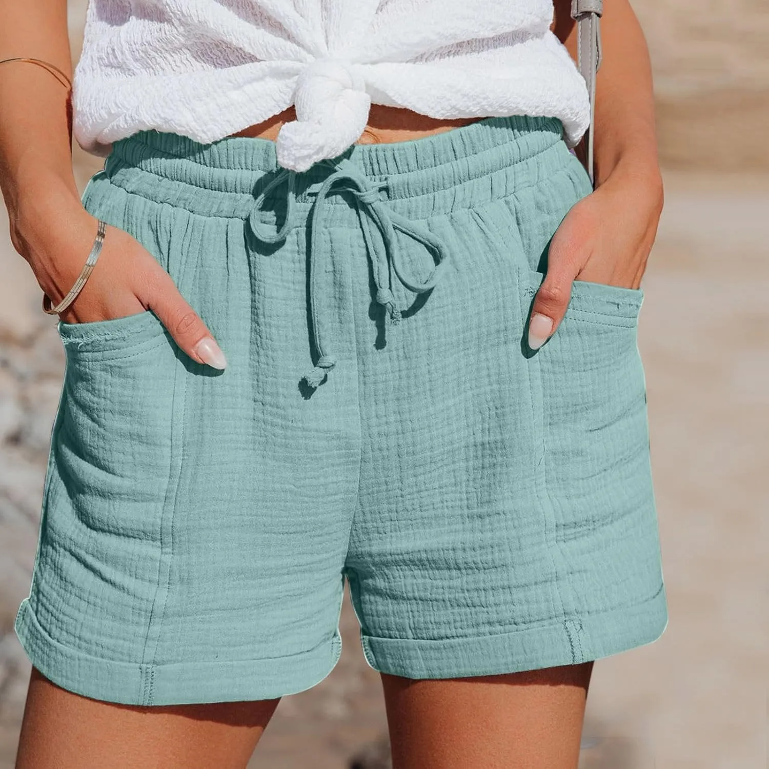 Linen Shorts for Women Casual Drawstring Elastic Waist Summer Shorts Wide Leg Lightweight Flowy Lounge Short with Pockets