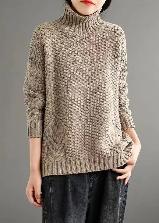 Loose Apricot Turtleneck Patchwork Knitted Cotton Sweaters Fall ML1739
